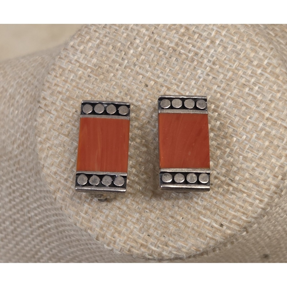 Unique Vintage Sterling Silver Red Coral Clip-On Square Earrings